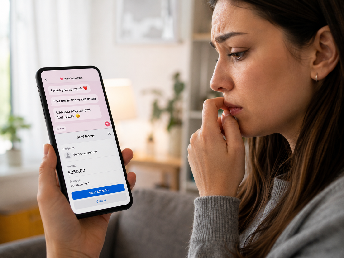 Worried woman hesitating before sending money requested through romantic messages on her phone.