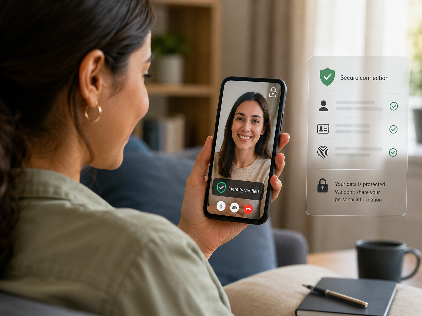 Woman on a secure video call with identity-verification and privacy-protection indicators.