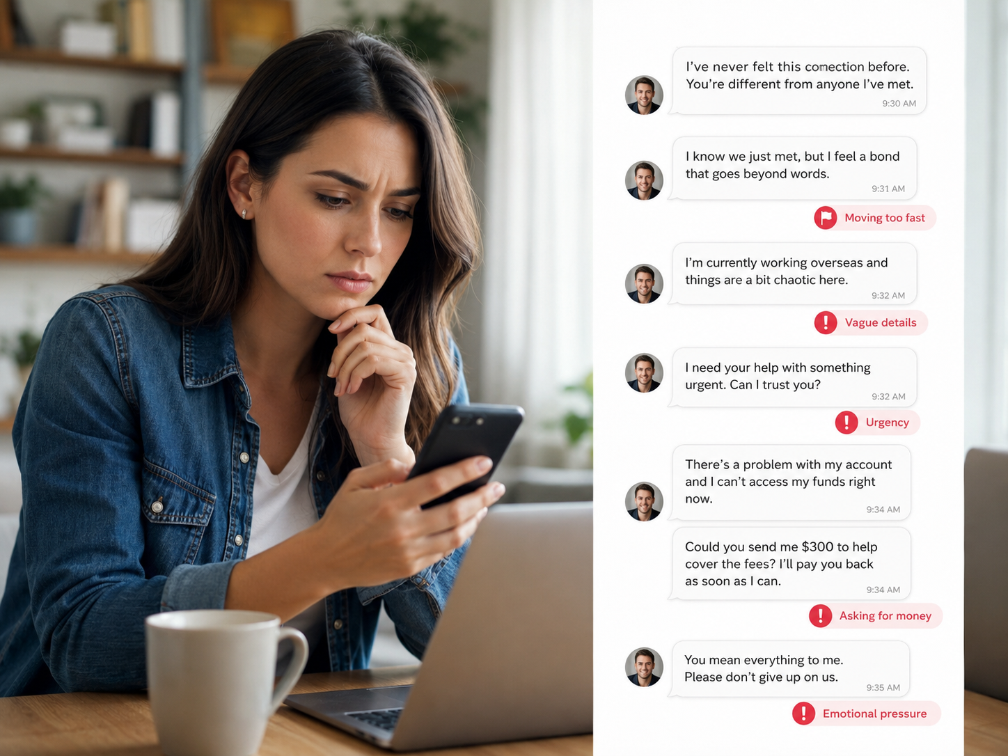Concerned woman reading suspicious romantic messages showing urgency, vague details and requests for money.